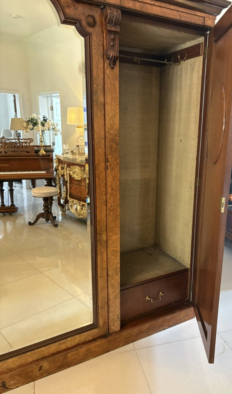 Outstanding Quality Large Antique Victorian Unusual Carved Burr Walnut 3 Door Wardrobe - Image 9